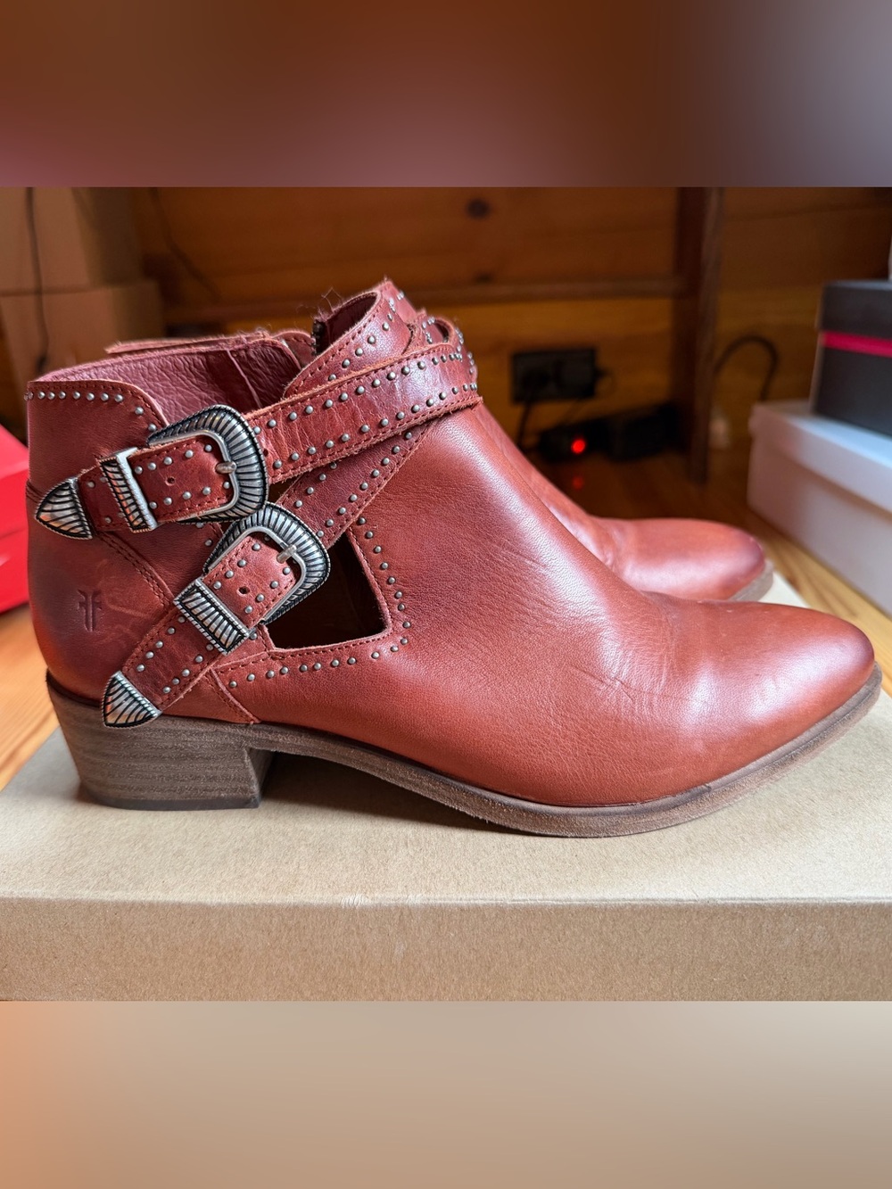 FRYE - Studded Buckle Cutout Ankle Boot in Rust Red
